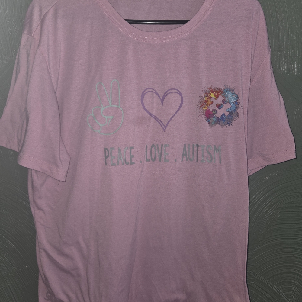 Pink Kids Shirt with Peace Love Autism Design